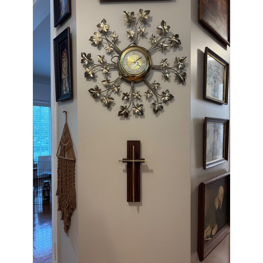 MCM Teak Religious Art Wall Cross Crucifix Gold Metal Accents Mid Century Modern